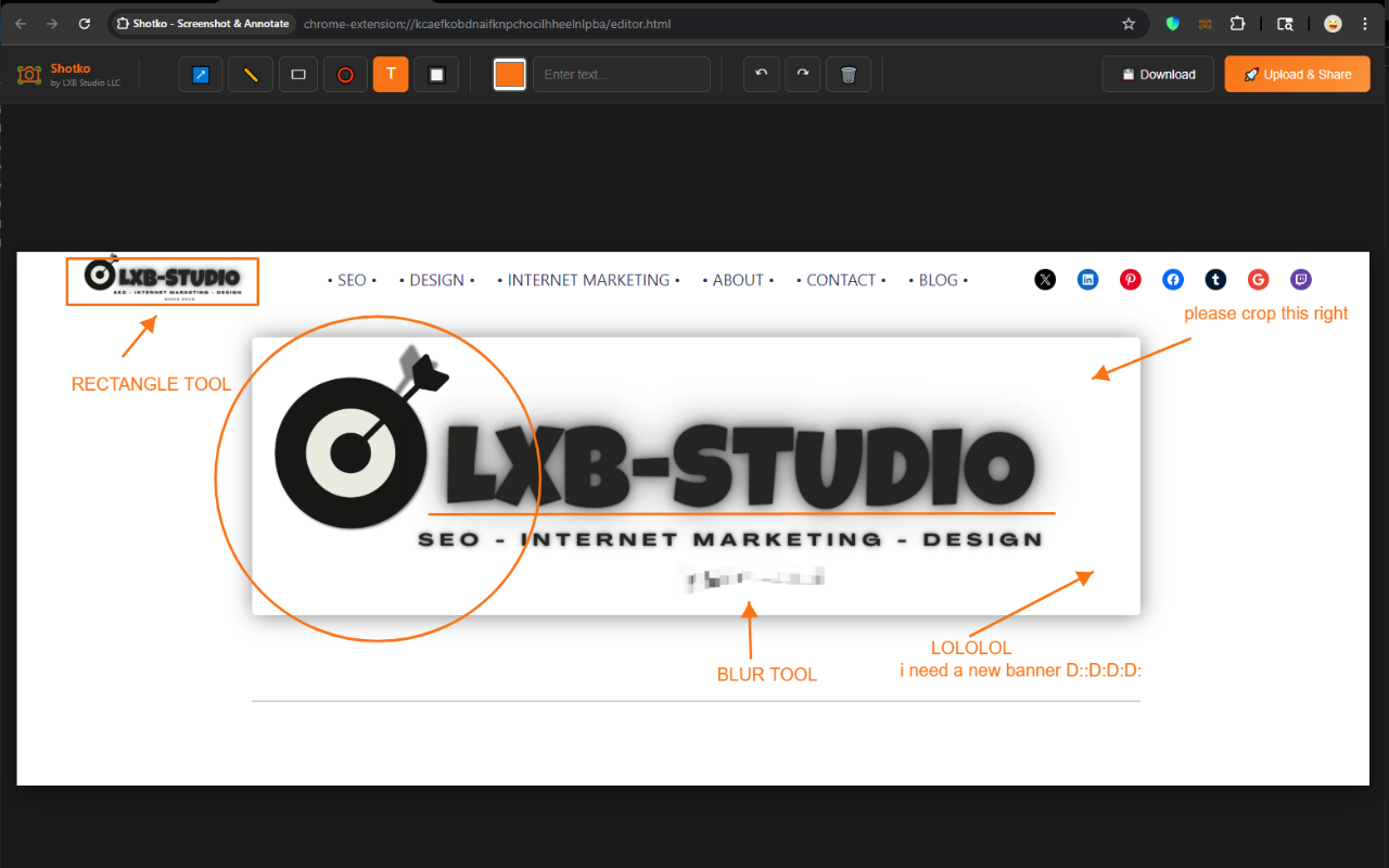 Shotko annotation editor with arrows, text, blur and rectangle tools