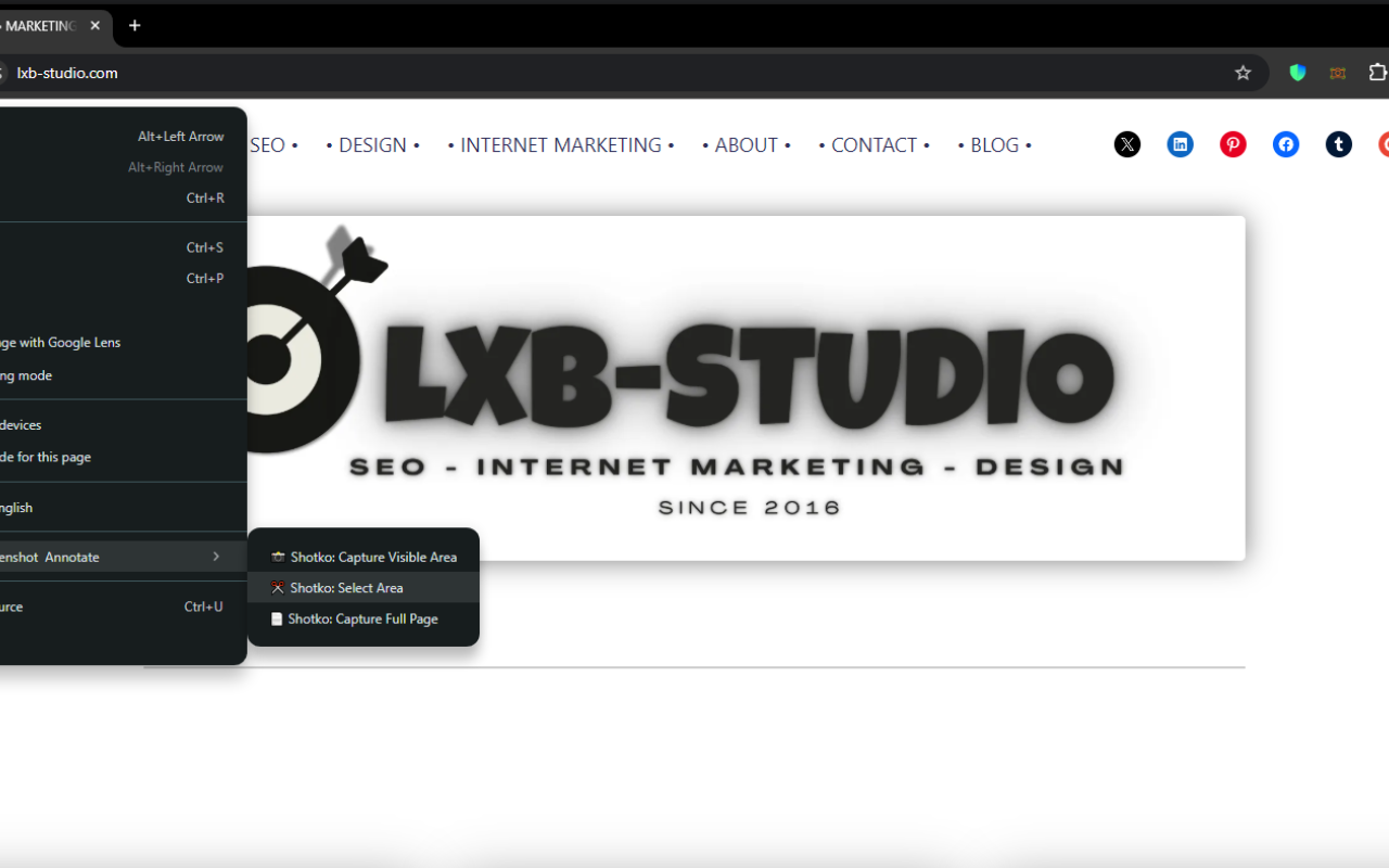Shotko options in the browser right-click context menu